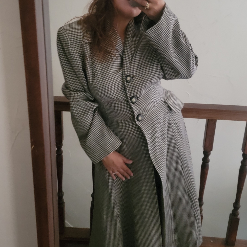 VINTAGE Micro Houndstooth Wool Long Riding Trench Coat Womens S/M Black ivory - Picture 3 of 14